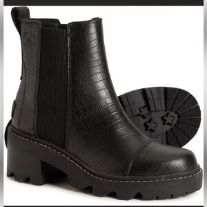 Sorel Women’s Joan Now Waterproof Black Croc-Embossed Chelsea Ankle Boots